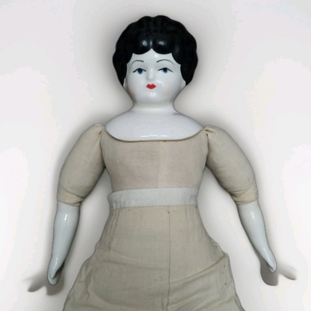 Antique Style Porcelain-Head Low Brow Curly Haired Doll Cream Petticoat See Pics - Picture 5 of 9